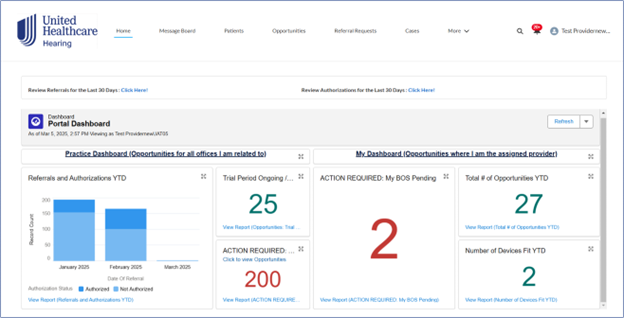 Sample image of new Hearing Provider Portal dashboard