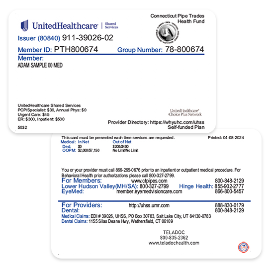 Image of a sample card for UnitedHealthcare Shared Services Connecticut Pipe Trades Health Fund - Type B